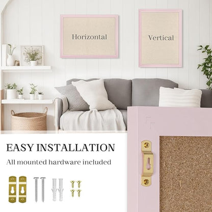 Large Cork Board with Linen, 24" x 18" Hanging Pink Wood Framed Bulletin Board, Picture Display Vision Board Corkboards for Wall Room School Office Decor, 10 Pushpins, 1 Pack