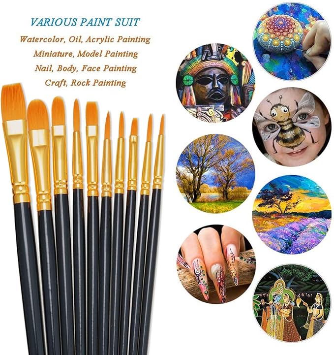 BOSOBO Paint Brushes Set, 4 Pack 40 Pcs Round Pointed Tip Paintbrushes Nylon Hair Artist Acrylic Paint Brushes for Acrylic Oil Watercolor, Face Nail Art, Miniature Detailing & Rock Painting, Black