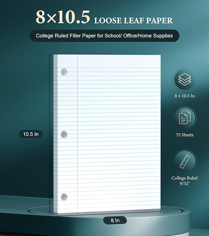 Loose Leaf Paper, 75 Sheets Notebook Lined Paper, 8 x 10.5 College Ruled Filler Paper, 3-Hole Punched Binder Paper for 3-Ring Binders, Double-Side Printed Note Pads for Home, Office, School, 1 Pack