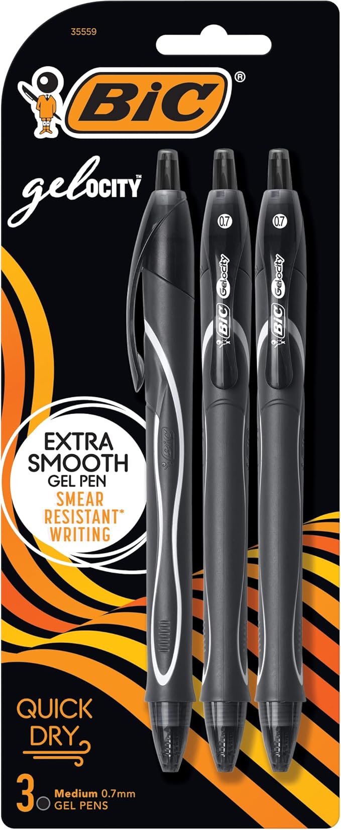 BIC Gel-Ocity Quick Dry Gel Pens, Medium Point Retractable (0.7mm), Black Ink Gel Pen, 3 Count