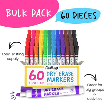 Chalkola Dry Erase Markers Bulk (60 Pack, 12 Vibrant Colors) | Chisel Tip WhiteBoard Markers, Dry Erase Pens - White Board Pens for Kids, Teachers - Home, Office, School Classroom Supplies