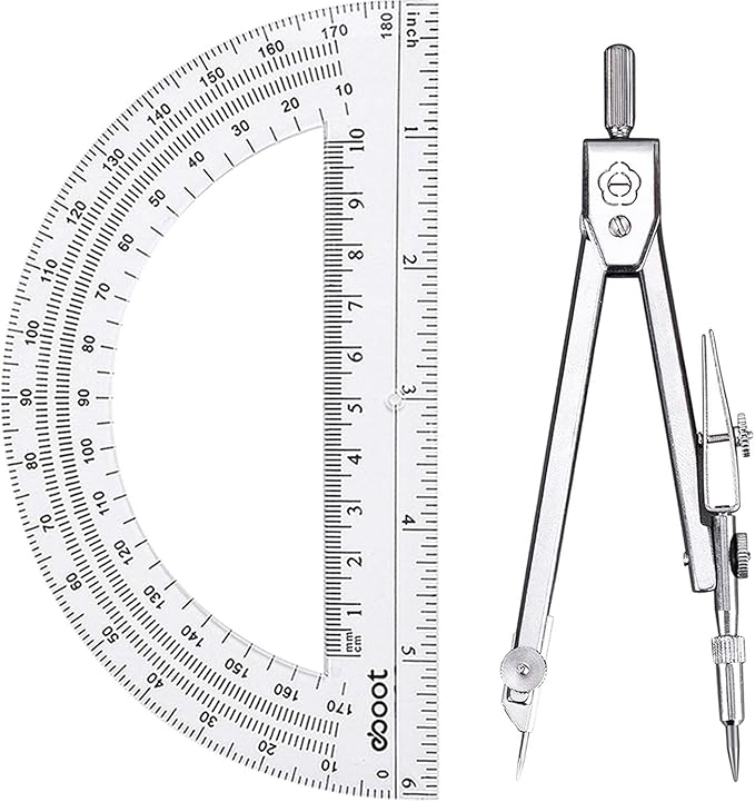 EBOOT Student Geometry Math Set, Drawing Compass and 6 Inch Clear Swing Arm Protractors 180 Degree Math Protractor (Argent, Classic)