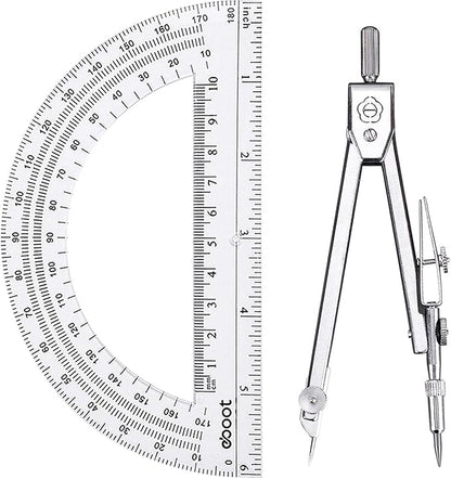 EBOOT Student Geometry Math Set, Drawing Compass and 6 Inch Clear Swing Arm Protractors 180 Degree Math Protractor (Argent, Classic)
