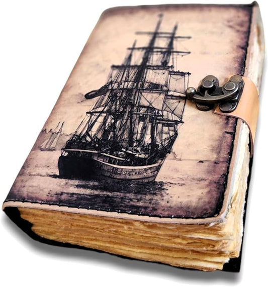 Big Medium Sailing Ship Leather Journal Dairy Notebook Sketchbook | 200 Deckle Papers | C-Shape Lock for Closure (8*6 inch)