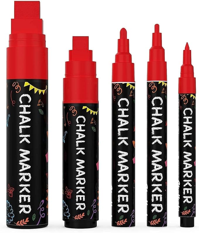 5 Red Chalkboard Chalk Markers - Red Dry Erase Markers for Blackboard, Chalkboard Signs, Windows, Glass | Variety Pack - Fine & Jumbo Size Ink Pen (1mm, 3mm, 6mm, 10mm, 15mm)