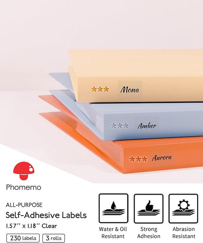 [3x230 pcs] Phomemo Labels Square Series, 1.57''x1.18'' (40x30mm) M110 M100 M220 M221 M120 M200 Labels, Clear, 230 Labels/Roll, 3 Rolls, Multi-Purpose Adhesive Thermal Phomemo Original Labels
