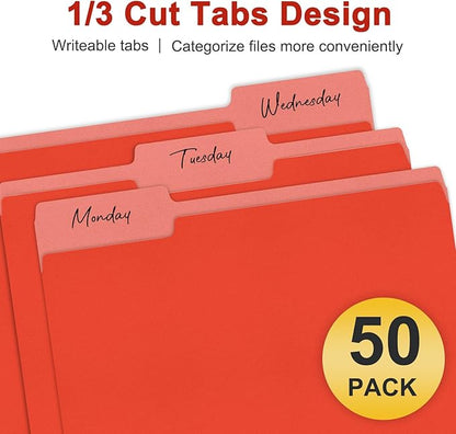 ViVin File Folder, 50 Pack Colored File Folders with 1/3-Cut Tabs, Fits 8.5 * 11 Letter Size Paper, Manilla Folders for Home Office School Documents(Red)