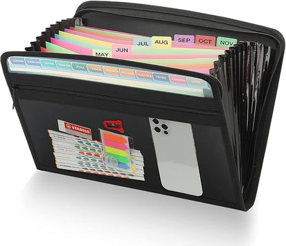 H4D 13 Pocket Expanding File Folder Organizer with Front Clear Pounch, Accordion File Organizer with Zipper Clourse, Fit for Letter Size Papers, Black