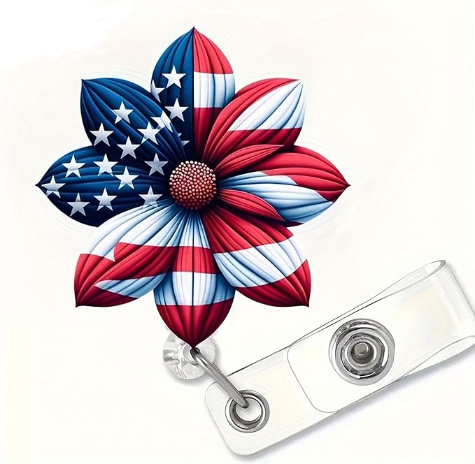 4th of July Flower Badge Holder Retractable with Acrylic Designs Nurse Badge Reel Blue Red Alligator Clip ID Card Patriotic Badge Clip for Teacher Student Independence Day Office Accessories