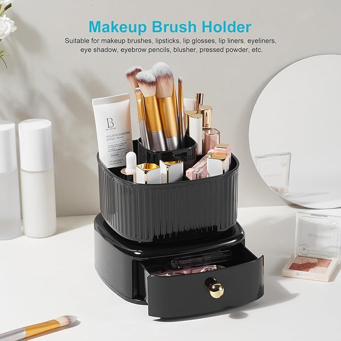 Desk Pencil Pen Holder with Drawer, 5 Slots 360 Degree Rotating Pencil Pen Organizers Desk Organizers for Office Accessories Shool Supply Black