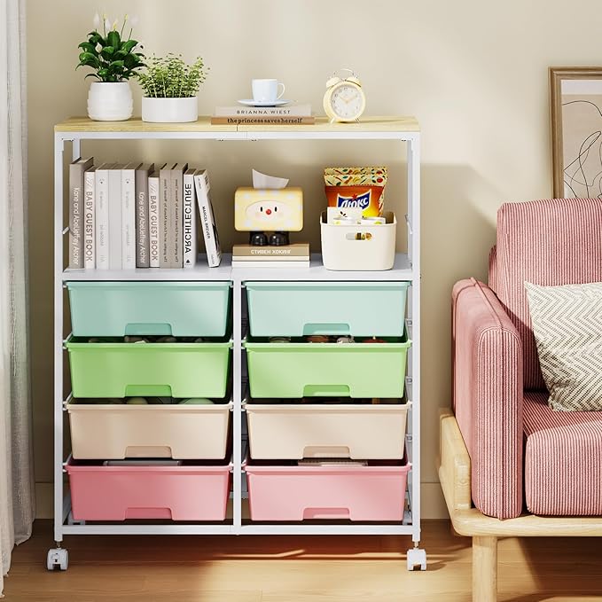 8 Drawers Rolling Storage Cart with Wooden Top, Multipurpose Utility Cart with Opening Shelf & Lockable Wheels, Storage Drawer Cart Organizer for Home Office Craft Room Classroom, Rainbow