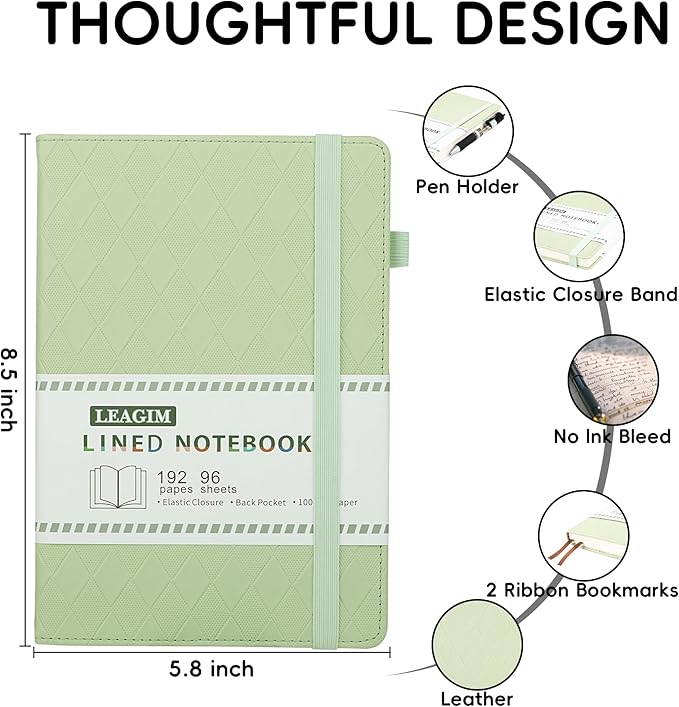 Lined Journal Notebook for Women Men, 192 Pages 100 GSM Thick Paper, Hardcover | Embossed Leather Journals for Writing, A5 College Ruled | Business, Work & School, 5.8"×8.5"(Green)