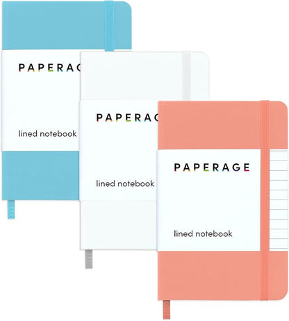 PAPERAGE Lined Pocket Journal Notebook, 3 Pack, (Coral, White, Sky Blue), 160 Pages, Small, 3.6 inches x 5.6 inches - 100 GSM Thick Paper, Hardcover