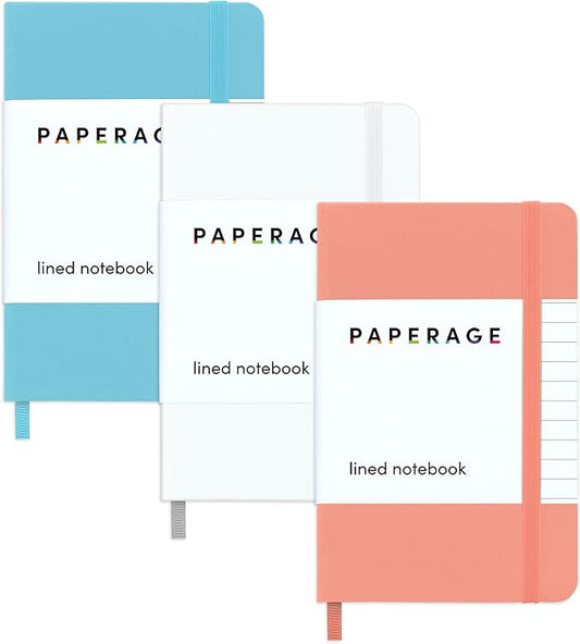 PAPERAGE Lined Pocket Journal Notebook, 3 Pack, (Coral, White, Sky Blue), 160 Pages, Small, 3.6 inches x 5.6 inches - 100 GSM Thick Paper, Hardcover