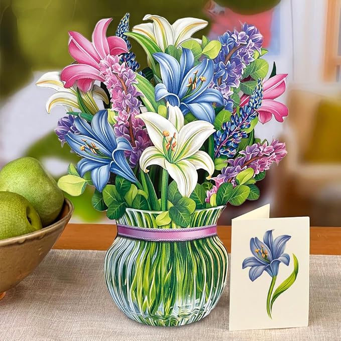 Freshcut Paper Pop Up Cards, Lilies & Lupines 12 inch Paper Flower Bouquet Greeting Cards with Blank Note Card & Envelope, Birthday Gifts for Women