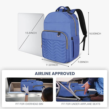 Travel Laptop Backpack for women, Work Backpack Woman with USB Charging Port, Water Resistant College Backpack, Stylish Quilted Girls Backpack Casual Daypack for 15.6 Inch Laptop, Blue