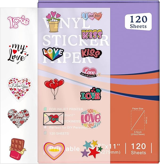 120 Sheets Printable Clear Sticker Paper for Inkjet Printer, Premium Vinyl Transparent Sticker Paper Waterproof, Dries Quickly, Vivid Colors, Tear Resistant, 8.5x11" Labels Great for Cutting Machines