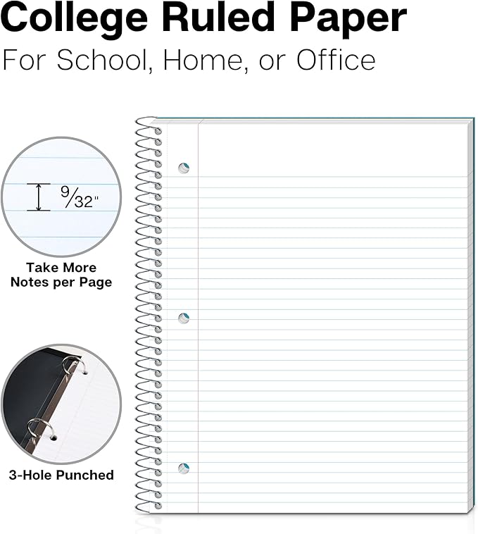 Dunwell 3 Subject Notebook College Ruled (Blue), 150 Sheets (300 Pages), Spiral Notebook 8.5 x 11, Plastic Cover, 3 Pocket Divider Folders, 3-Hole Punched Perforated Paper