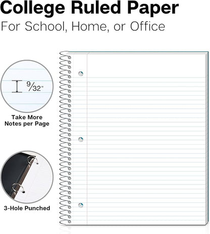 Dunwell 3 Subject Notebook College Ruled (Blue), 150 Sheets (300 Pages), Spiral Notebook 8.5 x 11, Plastic Cover, 3 Pocket Divider Folders, 3-Hole Punched Perforated Paper