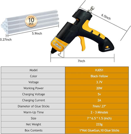 Cordless hot glue gun Kit with 10 Glue Sticks, High Temp for School Crafts DIY Arts and Quick Home Repairs (Cordless Yellow)