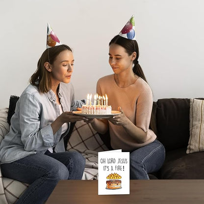 Funny Birthday Cake Card for Friend Bestie Women, Snarky Humor Happy Birthday Card for Him & Her - Oh Lord Jesus It's A Fire