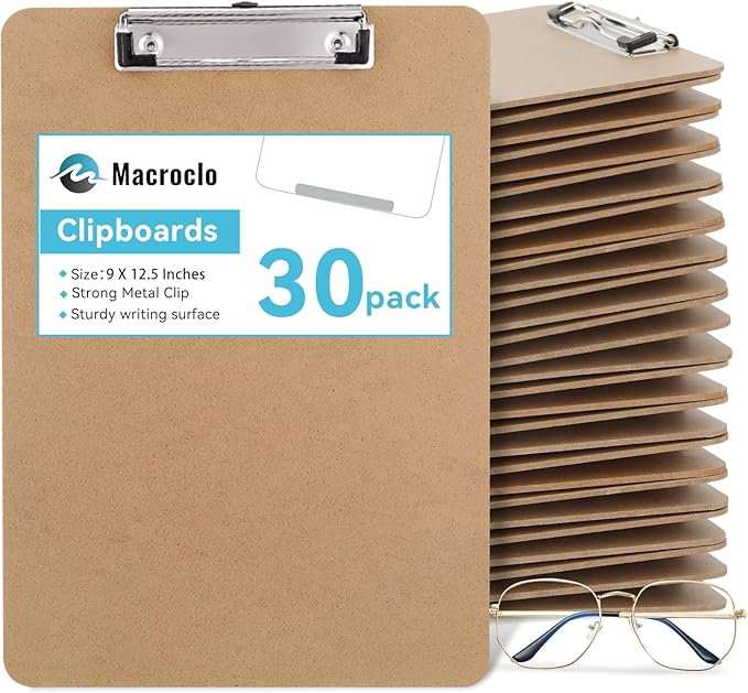 Wood Clipboards 30 Pack, Letter Size Hardboard Clip Board 8.5x11 for Classroom, Students, Kid, A4 Standard Size 9" x 12.5" with Low Profile Clip, Office & School Supply