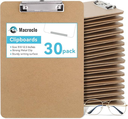 Wood Clipboards 30 Pack, Letter Size Hardboard Clip Board 8.5x11 for Classroom, Students, Kid, A4 Standard Size 9" x 12.5" with Low Profile Clip, Office & School Supply