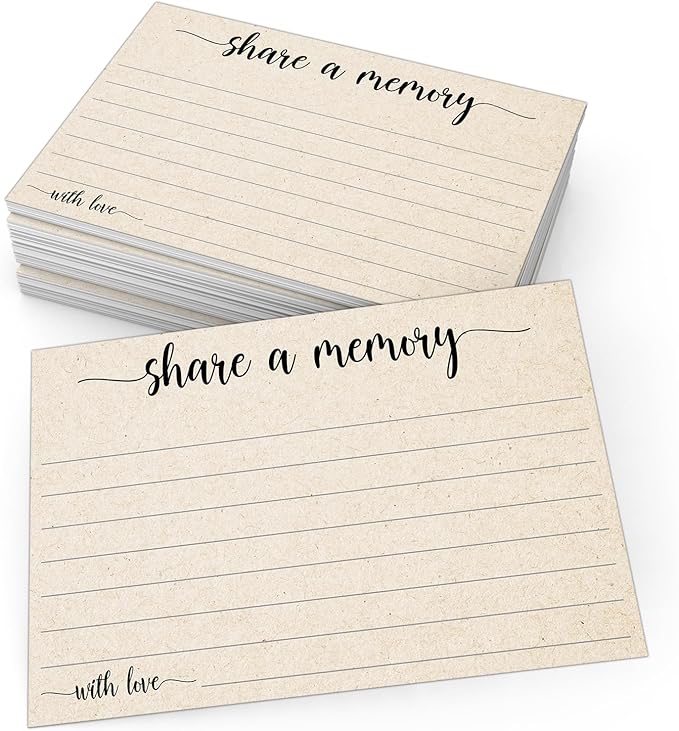321Done Share a Memory Card, Made in USA - 4x6 Kraft Tan, for Celebration of Life, Birthday, Anniversary, Memorial, Funeral, Graduation, Bridal Shower Game - Set of 50