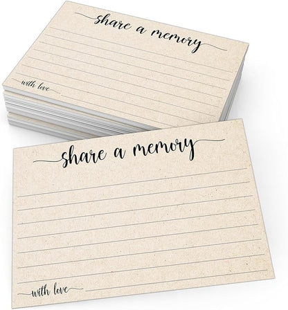 321Done Share a Memory Card, Made in USA - 4x6 Kraft Tan, for Celebration of Life, Birthday, Anniversary, Memorial, Funeral, Graduation, Bridal Shower Game - Set of 50