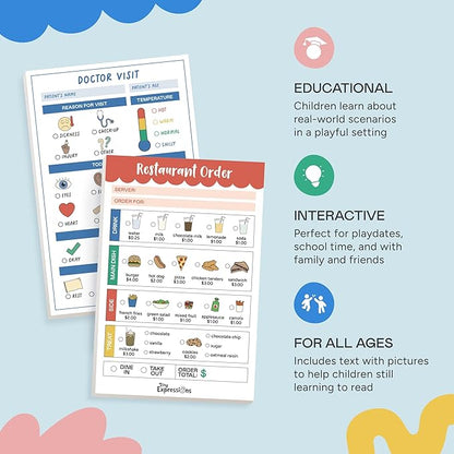 Tiny Expressions Playtime Notepads - 2-Pack Kids Pretend Play Notepads - 40 Pages Order-Taking Restaurant & 40 Pages Doctor Visit Notepad - Waiter and Doctor Imaginative Role Play