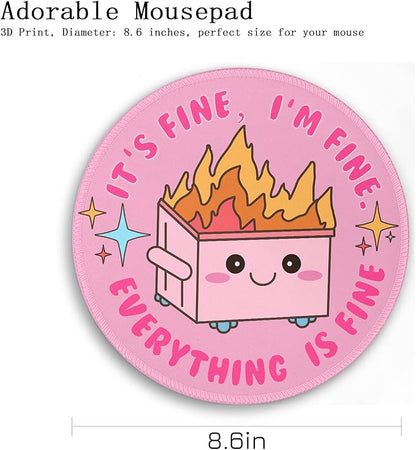 Funny Round Mouse Pad for Desk, Cute Office Decor for Women, Dumpster on Fire Small Mousepad，Stitched Edge Non-Slip Rubber Base, Personalized Computer Mouse Pads for Wireless Mouse，Desk Accessories