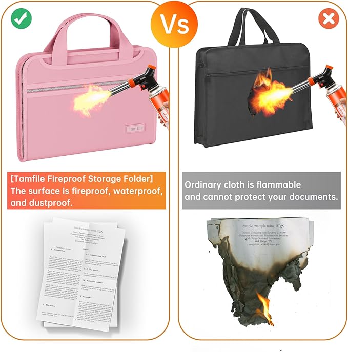 Tamfile Fireproof Accordion File Organizer with Handle, 13 Pocket Expanding File Folder with Zipper & Labels, File Folder with Multi-Pockets Paper Organizer Folder for Letter A4 Files, Pink