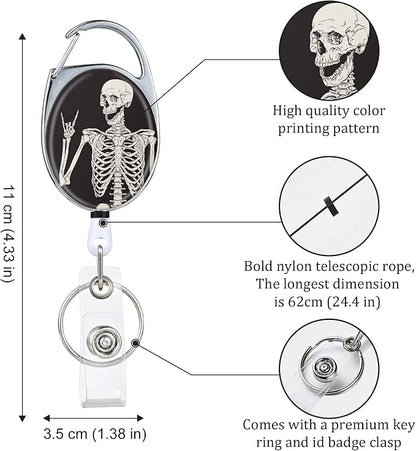 Bone Retractable Badge Reels - Double Sided Color Print Pattern Holders with Keychain, Clip and Key Ring - Durable Nylon Rope