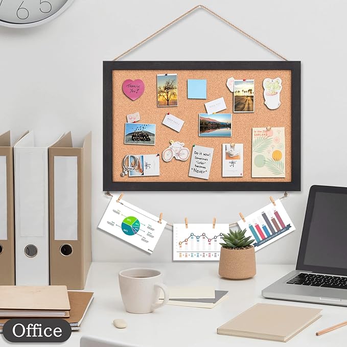 Miratino 2-Pack Cork Board Bulletin Board, 16x11 Inches Wooden Frame Pin Board, Cute Cork Boards for Walls Hanging for Office, Home Decor, School (Pins, Clips, Strings) Black