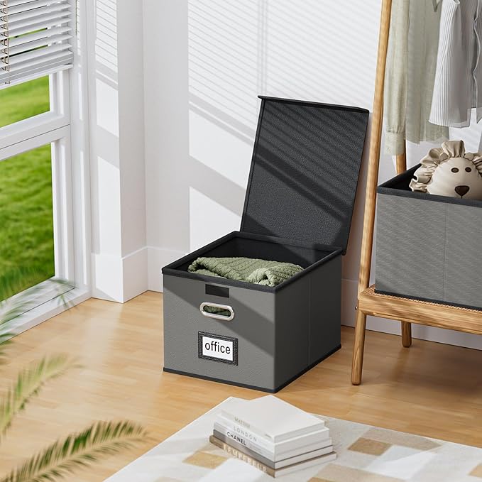 Huolewa Upgraded Portable Leather File Organizer Boxes with Lids, Office Document Boxes Organizer, Filing Boxes, Decorative Small File Boxes for Hanging Files with Plastic Slide for Office/Decor/Home