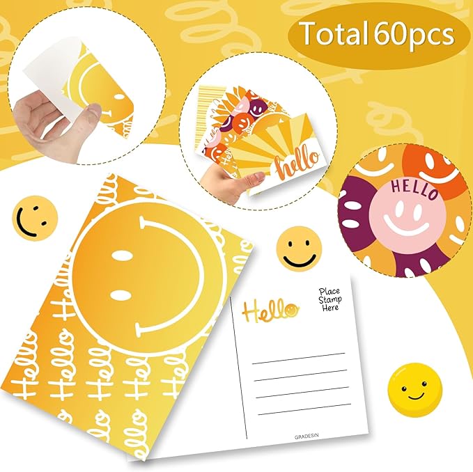 60 Hello Postcards for Mailing Bulk Blank Greeting Cards 4 x 6 Inch Sunny Sunflower Colorful Smiley Face Post Cards for Kids Adults Teachers Students Assorted Blank Note Cards 5 Hello Designs