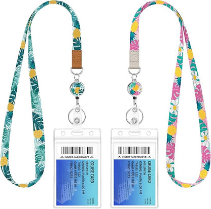 Giancomics Lanyards for Cruise Ships Cards Key, Tropical Leaves Lanyards with Retractable Badge Reel, Cute Waterproof ID Badge Holder Cruise Essentials Must Haves Card Protector 2 Pack