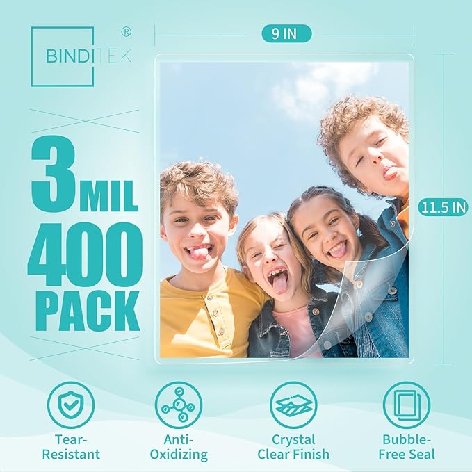 Binditek 400 Pack 3 Mil Thermal Laminating Pouches, 9x11.5 Inches Laminating Sheets, for Letter Size, Ultra Clear, Glossy, Hold 8.5x11 Inches, Heat Seal, School Office Supplies
