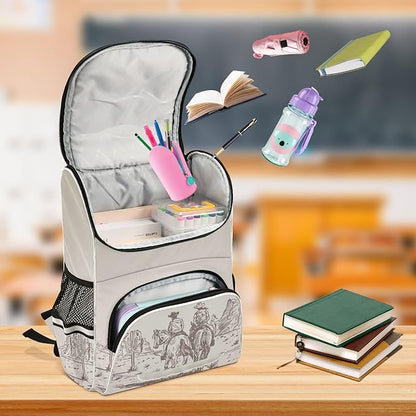 Western Desert Cowboy Backpack with Reflective Strip for Kids Boys Girls Elementary School Bag Removable Chest Strap