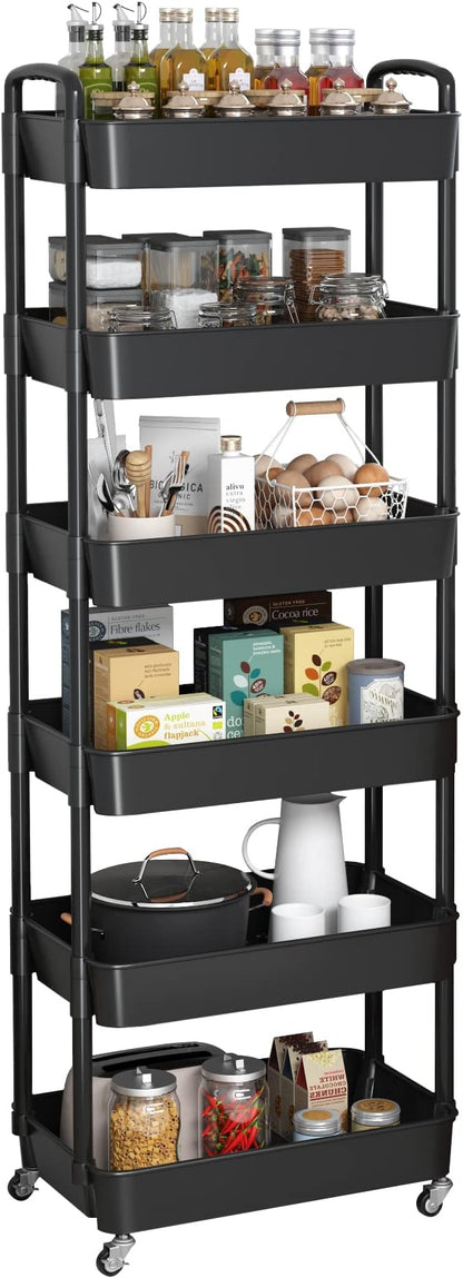 Sywhitta 6-Tier Plastic Rolling Utility Cart with Handle, Multi-Functional Storage Trolley for Office, Living Room, Kitchen, Movable Storage Organizer with Wheels, Black