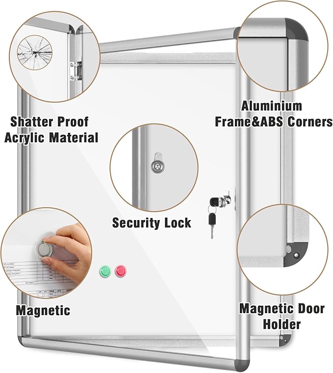 28"x26" Enclosed Bulletin Board, Lockable Weather-Resistant Aluminum Noticeboard for School & Office, Silver Frame w/Magentic Whiteboard
