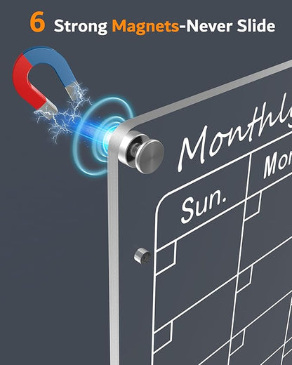 Magnetic Acrylic Calendar for Fridge,2 Pack 12"x16" Clear Fridge Calendar Dry Erase Magnetic Planning Boards Set Includes 6 Colorful Highlight Markers,Magnetic Pen Holder and Erase Towel