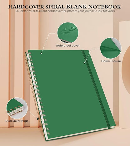 Blank Spiral Notebook Journal 8.5” x 11”, A4 Large Sketch Book for Women Men, 100 GSM Blank Paper Drawing Notebook, Plastic Hardcover Spiral Bound Sketchbook for Sketching Work School Writing, Green
