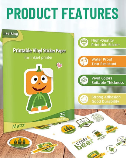 Lzerking Printable Vinyl Sticker Paper - 25 Sheets Matte White Self-Adhesive Waterproof Decal Printable Sticker Paper for Inkjet Printer - Standard Size 8.5x11 Inches DIY Crafts