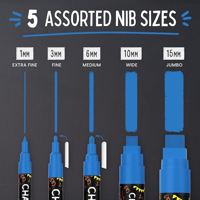 5 Blue Chalkboard Chalk Pens - Blue Dry Erase Markers for Blackboard, Chalkboard Signs, Windows, Glass | Variety Pack - Fine & Jumbo Size Ink Pen (1mm, 3mm, 6mm, 10mm, 15mm)