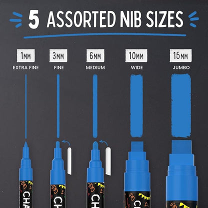 5 Blue Chalkboard Chalk Pens - Blue Dry Erase Markers for Blackboard, Chalkboard Signs, Windows, Glass | Variety Pack - Fine & Jumbo Size Ink Pen (1mm, 3mm, 6mm, 10mm, 15mm)