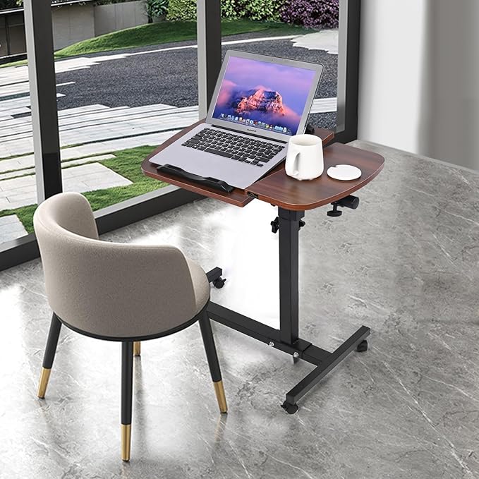 Multifunctional Height Adjustable Table with Wheels | Ultimate Single Workstation, Study Desk, Bedside Table, Recliner Tray Table, Presentation Cart and Laptop Stand | Tilting Tops (Walnut Black)
