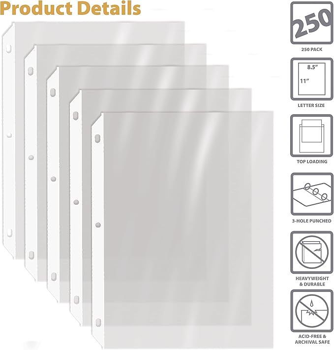 GOLD SEAL 250 Count Clear Heavyweight Poly Sheet Protectors 8.5" x 11", Extra Sturdy, Secure Topload, 250 Boxed Sheet Protectors