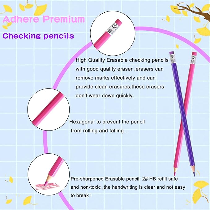 Adhere 25pcs Checking Pencils Erasable colored Pencils Pre-Sharpened #2 HB,for Checking Tests Grading Map Coloring,including a Free sharpener. (Pink 13pcs + Purple 12pcs)