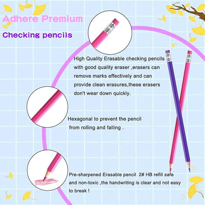 Adhere 25pcs Checking Pencils Erasable colored Pencils Pre-Sharpened #2 HB,for Checking Tests Grading Map Coloring,including a Free sharpener. (Pink 13pcs + Purple 12pcs)